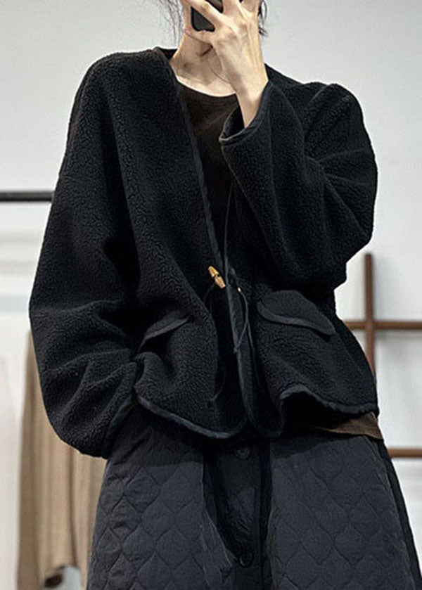 Stilvolle schwarze V-Ausschnitt Taschen Teddy Kunstpelz lose Mäntel Winter