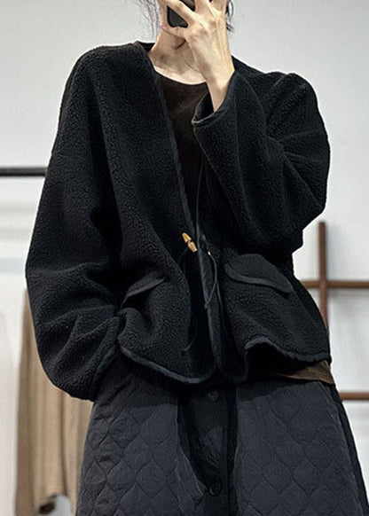 Stilvolle schwarze V-Ausschnitt Taschen Teddy Kunstpelz lose Mäntel Winter