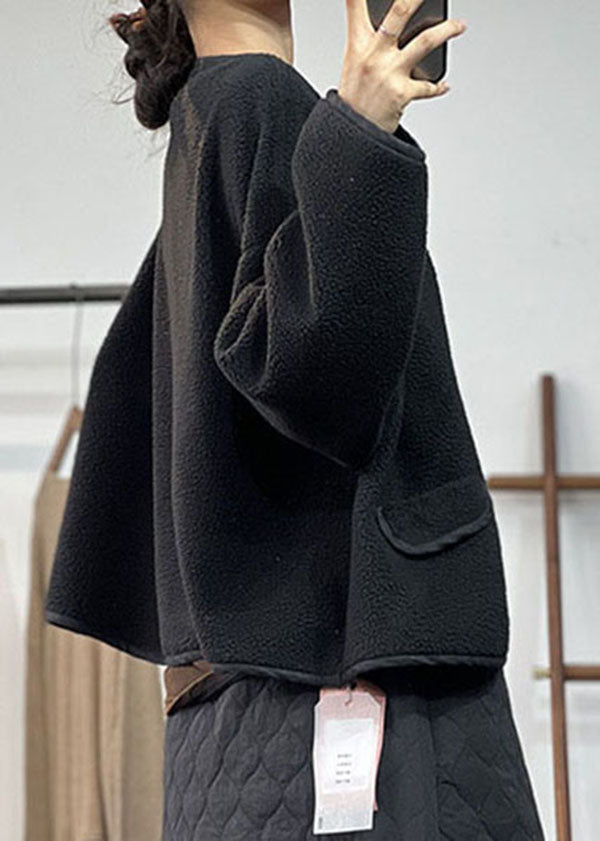 Stilvolle schwarze V-Ausschnitt Taschen Teddy Kunstpelz lose Mäntel Winter