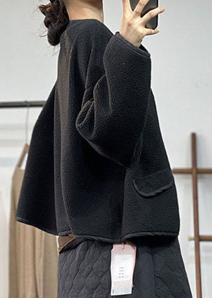 Stilvolle schwarze V-Ausschnitt Taschen Teddy Kunstpelz lose Mäntel Winter