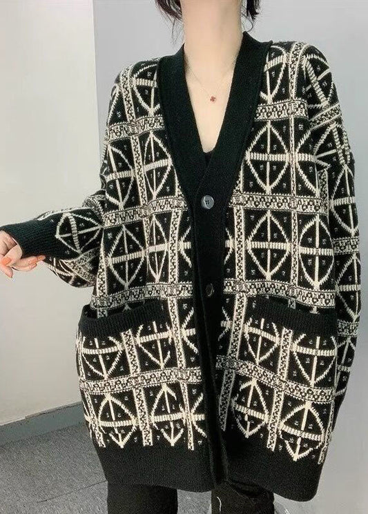 Stilvolle schwarze V-Ausschnitt Print gemütliche gestrickte lose Strickjacke Winter