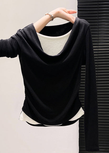Stylish Black Wrinkled Cotton Fake Two Piece Tops Spring