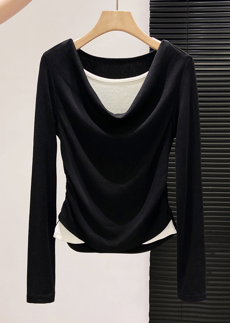 Stylish Black Wrinkled Cotton Fake Two Piece Tops Spring