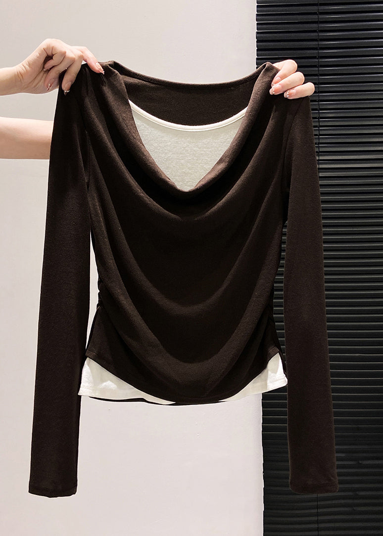 Stylish Black Wrinkled Cotton Fake Two Piece Tops Spring