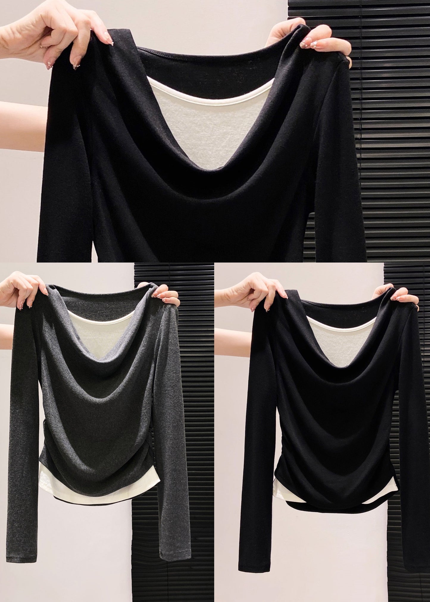 Stylish Black Wrinkled Cotton Fake Two Piece Tops Spring