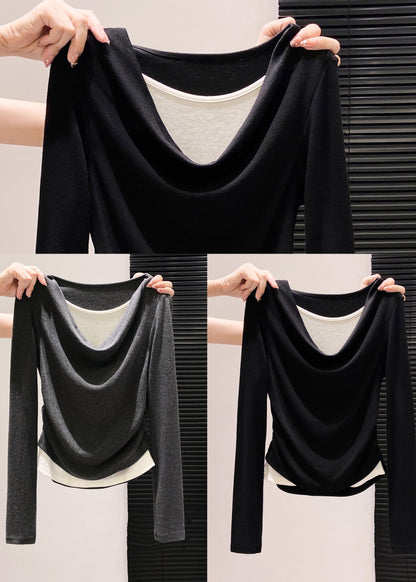 Stylish Black Wrinkled Cotton Fake Two Piece Tops Spring