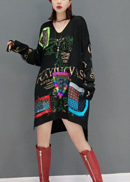 Stilvolle schwarze Strickkleider mit niedrigem und hohem Design, seitlich offen, V-Ausschnitt, Print, Frühling