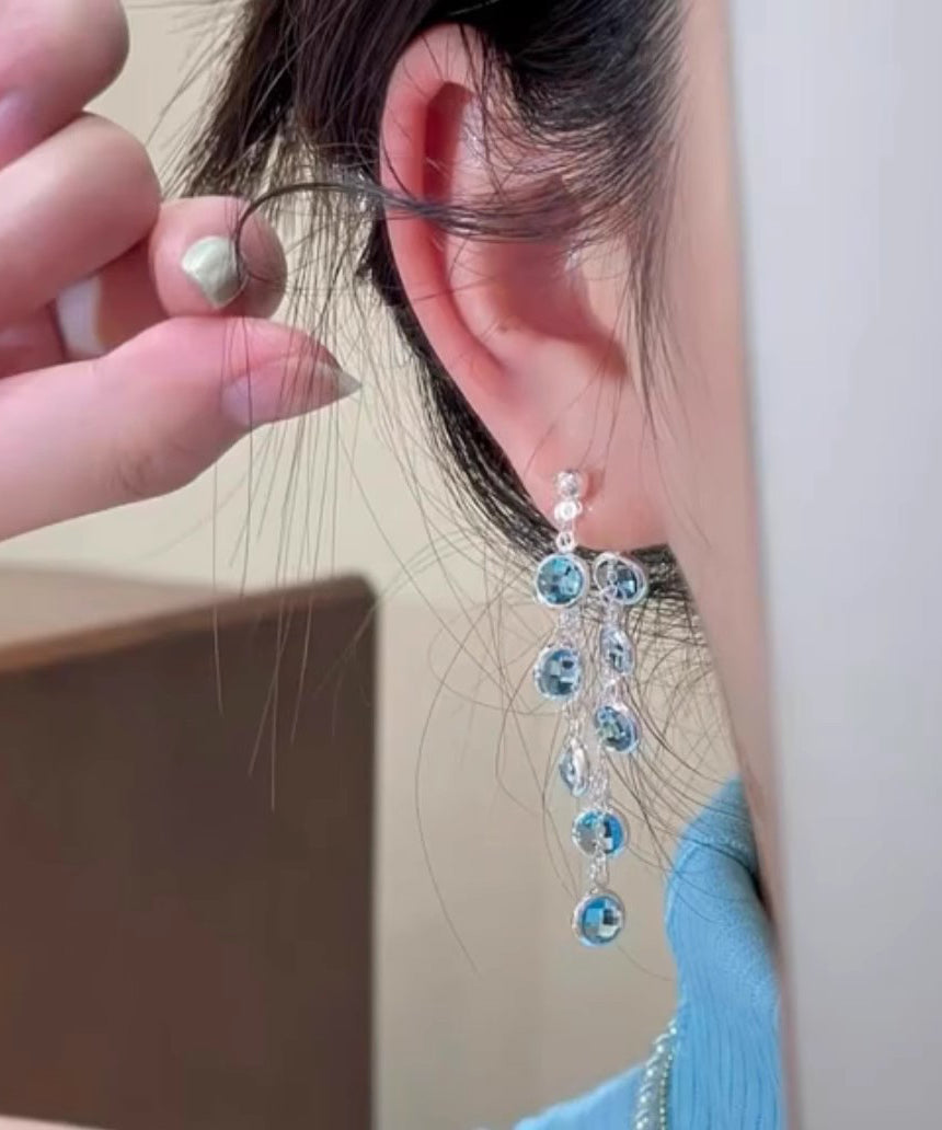 Stylish Blue Alloy Crystal Tassel Drop Earrings