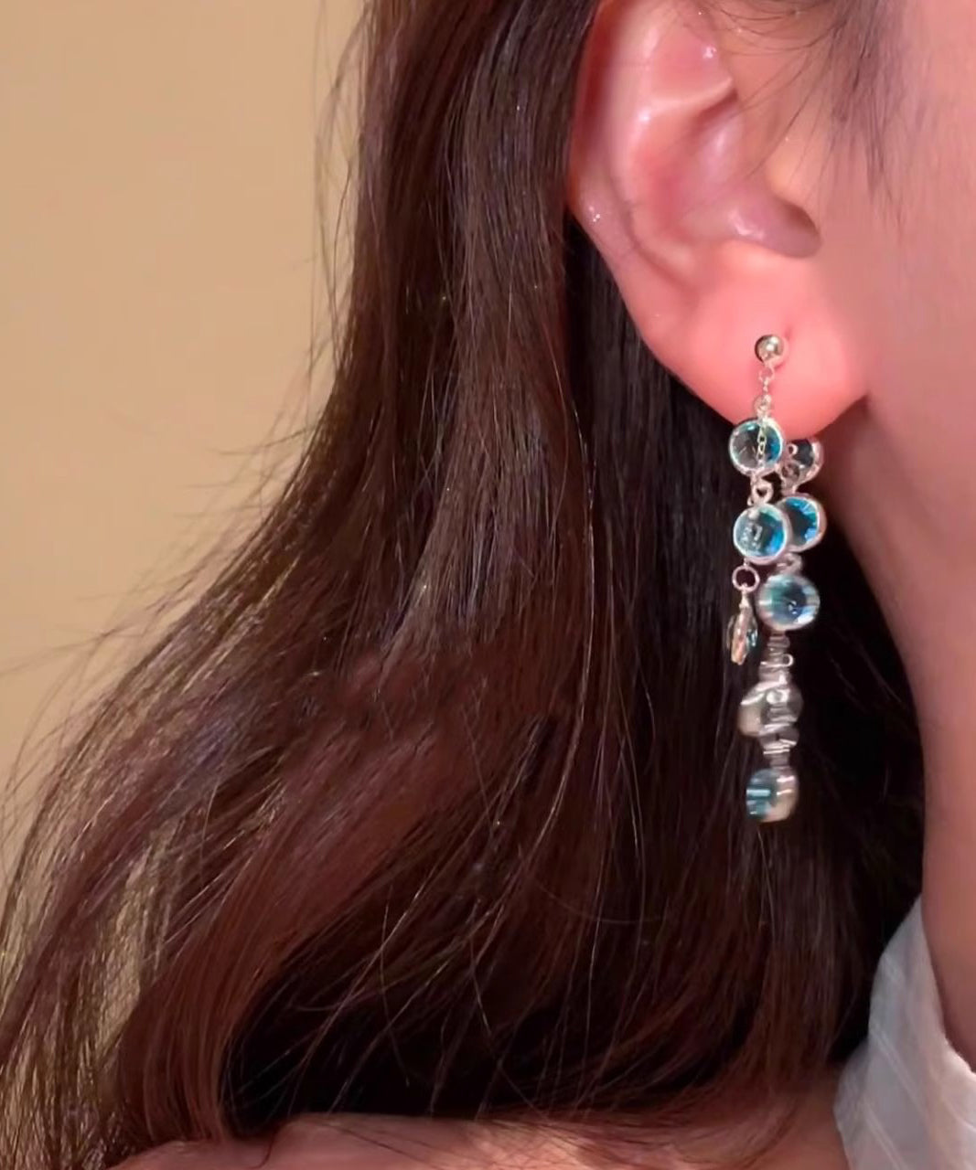 Stylish Blue Alloy Crystal Tassel Drop Earrings