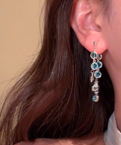 Stylish Blue Alloy Crystal Tassel Drop Earrings