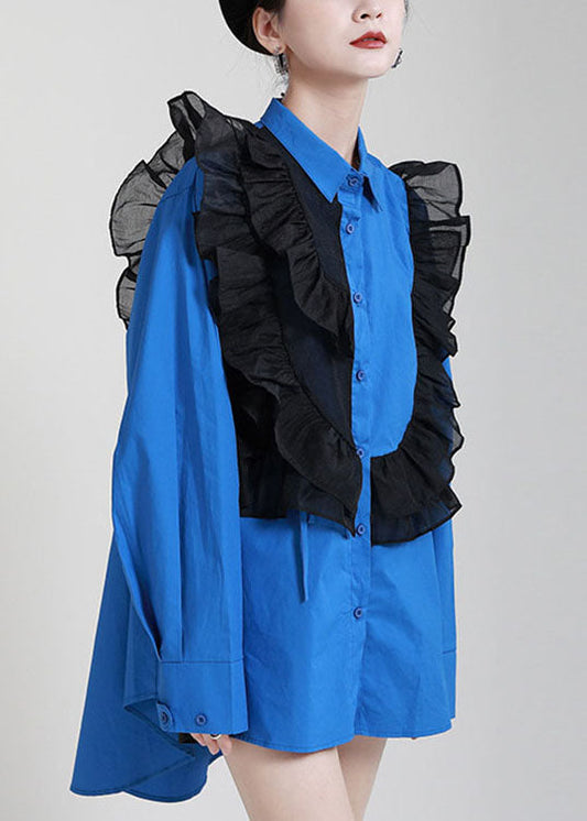 Stilvolle blaue Knopf Patchwork asymmetrisches Design Herbst Langarm Blusen