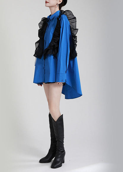 Stylish Blue Button Patchwork asymmetrical design Fall Long sleeve Blouses