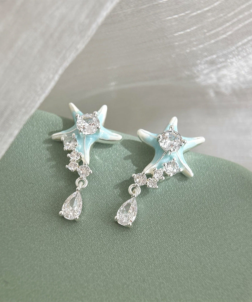 Stylish Blue Copper Zircon Dripping Glaze Enamel Water Droplet Drop Earrings