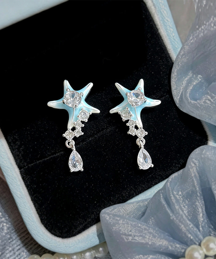 Stylish Blue Copper Zircon Dripping Glaze Enamel Water Droplet Drop Earrings
