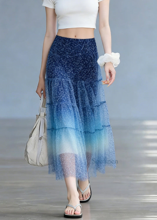 Stylish Blue Elastic Waist Patchwork Tulle Skirts Summer