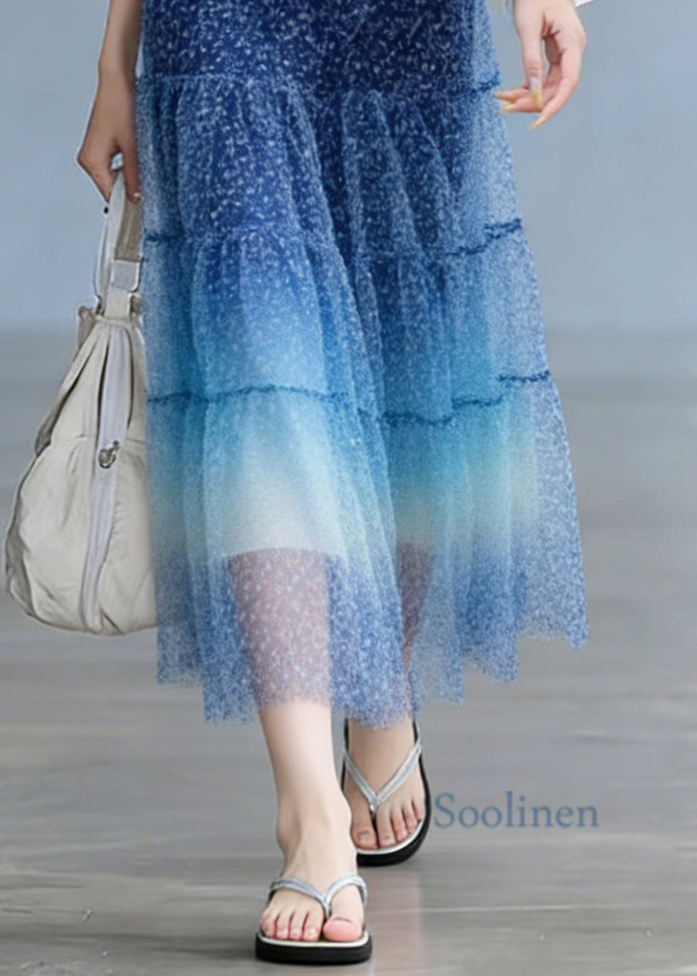 Stylish Blue Elastic Waist Patchwork Tulle Skirts Summer
