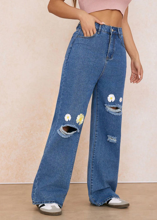 Vaqueros rectos rotos con bolsillos florales bordados en azul elegante para primavera