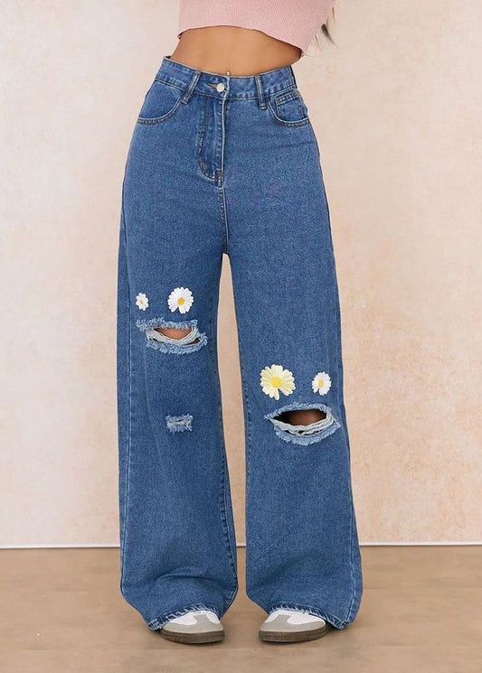 Vaqueros rectos rotos con bolsillos florales bordados en azul elegante para primavera