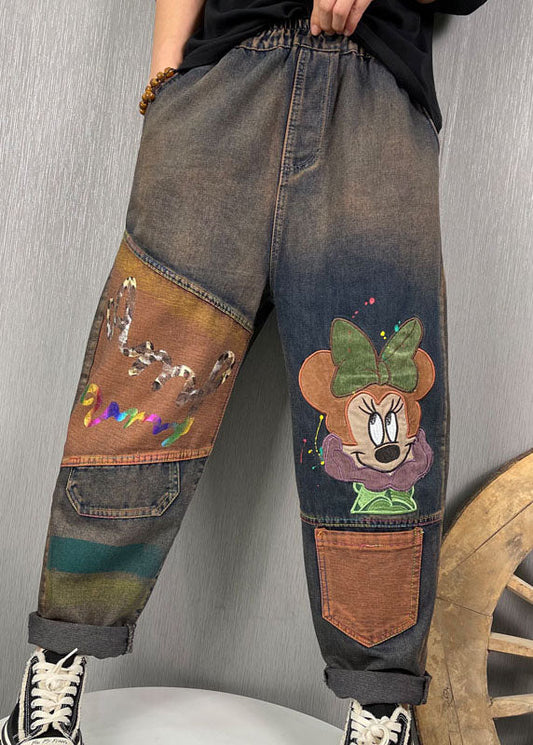 Stilvolle Blaue Bestickte Patchwork-Jeanshose Frühling