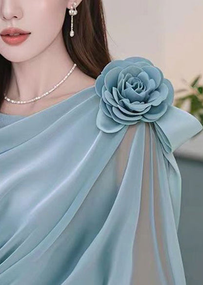 Stylish Blue Floral Wrinkled Chiffon Shirt Spring