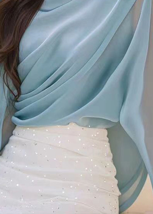 Stylish Blue Floral Wrinkled Chiffon Shirt Spring