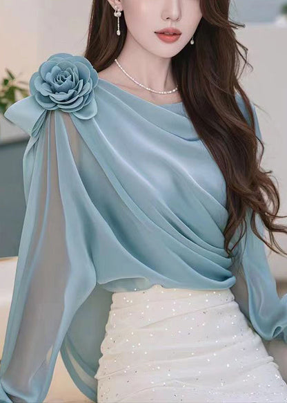 Stylish Blue Floral Wrinkled Chiffon Shirt Spring