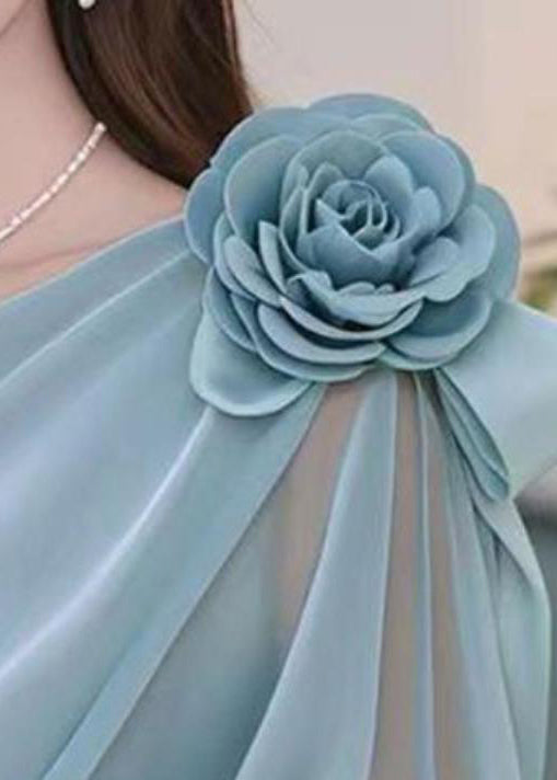 Stylish Blue Floral Wrinkled Chiffon Shirt Spring