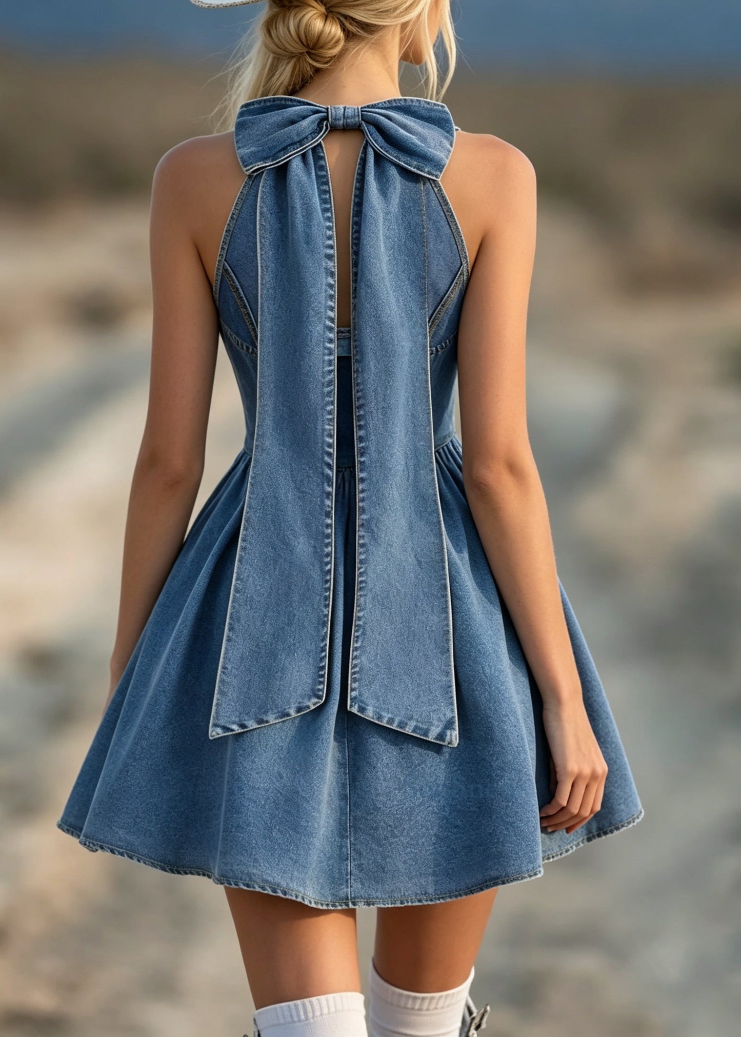 Stylish Blue Halter Bow Patchwork Denim Dresses Sleeveless