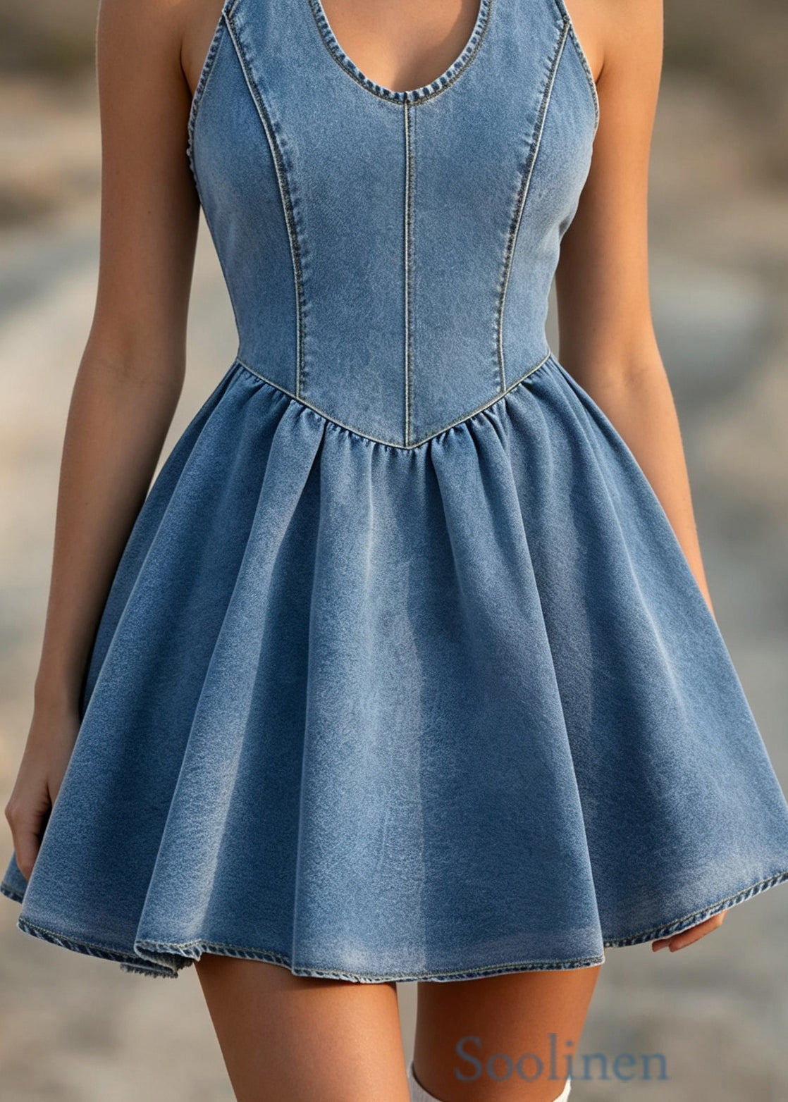 Stylish Blue Halter Bow Patchwork Denim Dresses Sleeveless