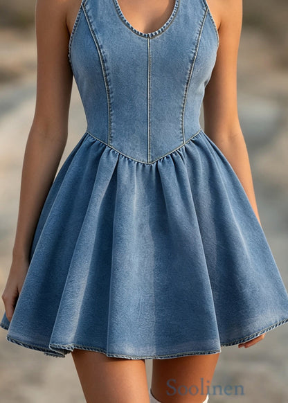 Stylish Blue Halter Bow Patchwork Denim Dresses Sleeveless