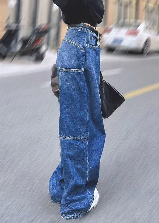 Stylish Blue High Waist Patchwork Pocket Denim Pants Spring