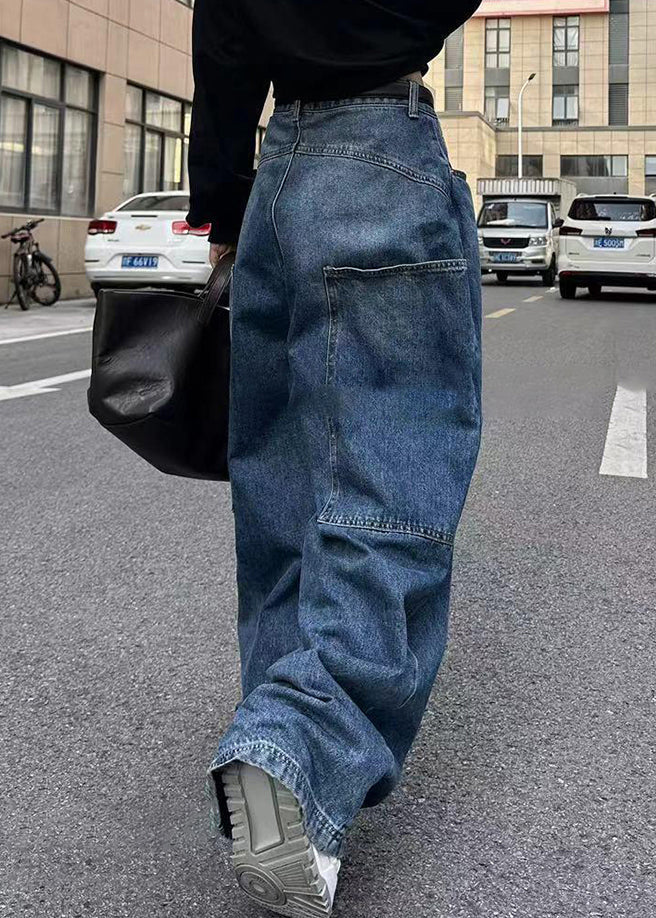 Stylish Blue High Waist Patchwork Pocket Denim Pants Spring