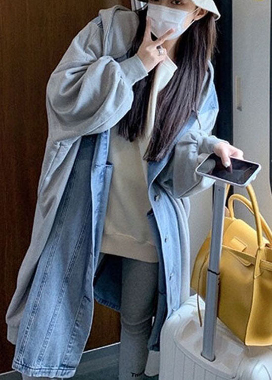 Stilvolle Blaue Kapuzen-Jeans Patchwork Baumwolle Langer Mantel Frühling