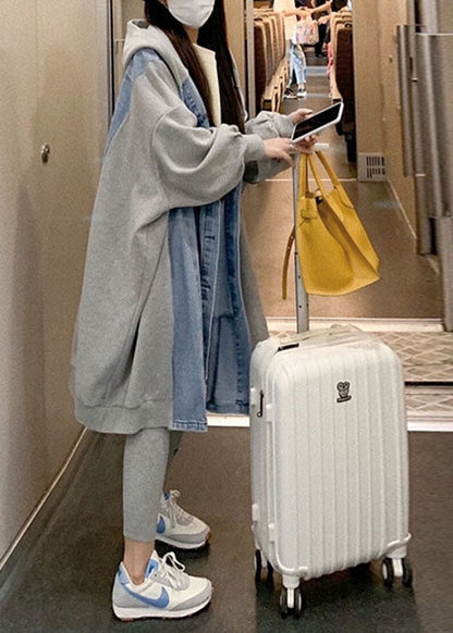 Stilvolle Blaue Kapuzen-Jeans Patchwork Baumwolle Langer Mantel Frühling