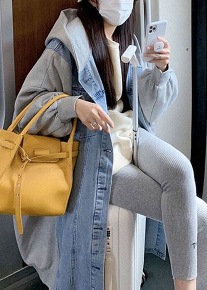 Stilvolle Blaue Kapuzen-Jeans Patchwork Baumwolle Langer Mantel Frühling