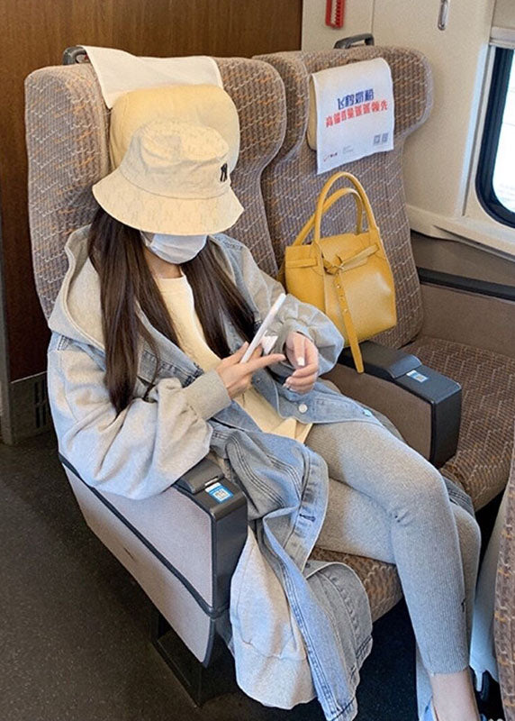 Stilvolle Blaue Kapuzen-Jeans Patchwork Baumwolle Langer Mantel Frühling