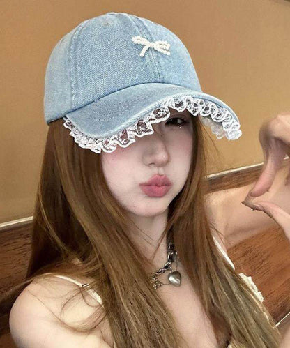 Stylish Blue Lace Patchwork Pearl Bow Baseball Cap Hat