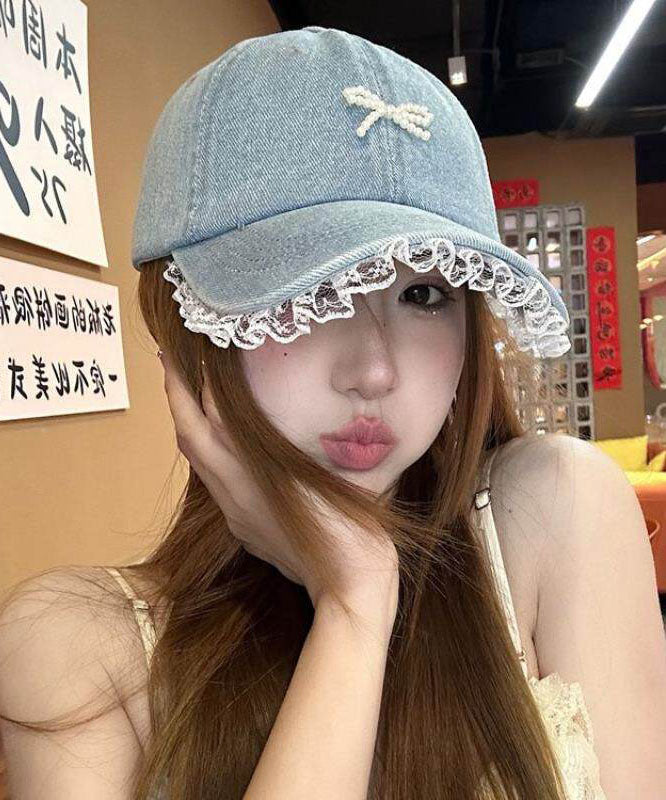 Stylish Blue Lace Patchwork Pearl Bow Baseball Cap Hat