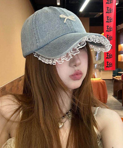 Stylish Blue Lace Patchwork Pearl Bow Baseball Cap Hat