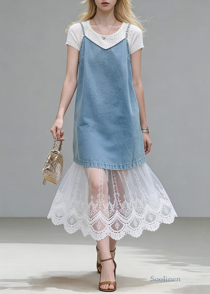 Stylish Blue Lace Patchwork Tops And Spaghetti Strap Dress Two Piece Set Summer