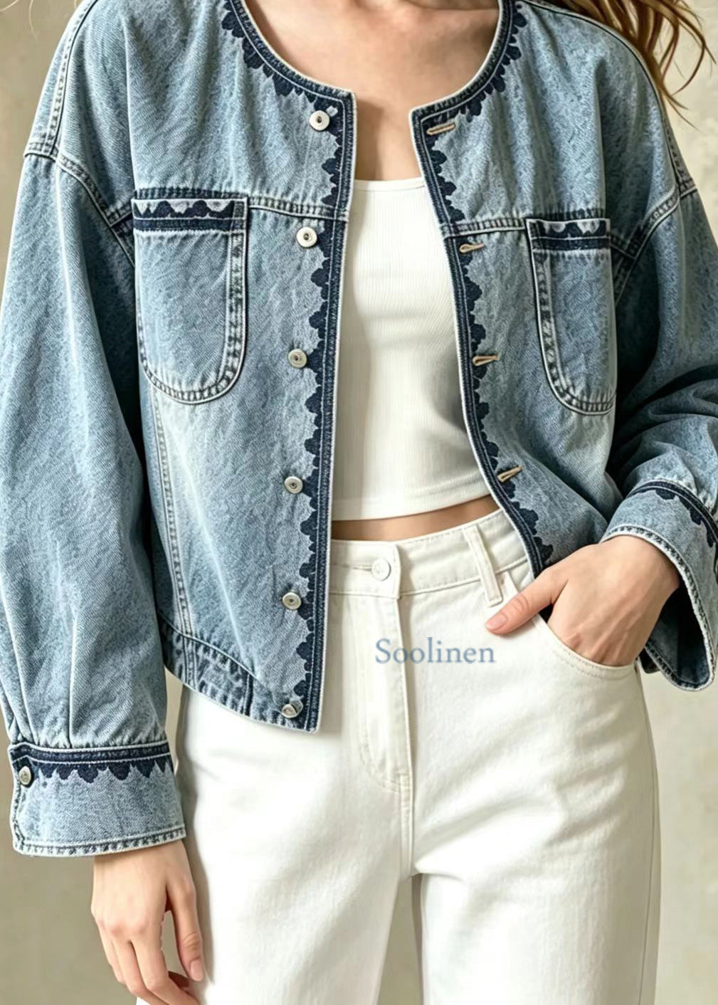 Stylish Blue O-Neck Embroidered Pockets Denim Jackets Fall
