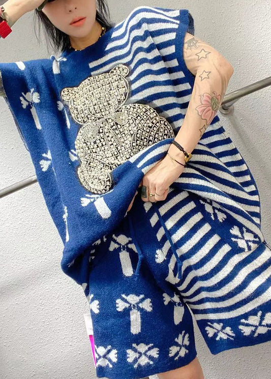 Stilvolles blaues O-Ausschnitt-Nagelperlen-gestreiftes Herbst-Zweiteiler-Set