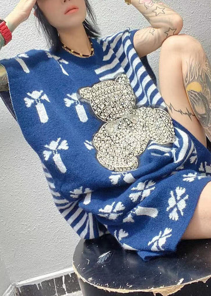 Stilvolles blaues O-Ausschnitt-Nagelperlen-gestreiftes Herbst-Zweiteiler-Set