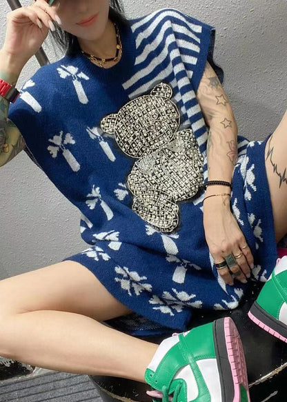 Stilvolles blaues O-Ausschnitt-Nagelperlen-gestreiftes Herbst-Zweiteiler-Set