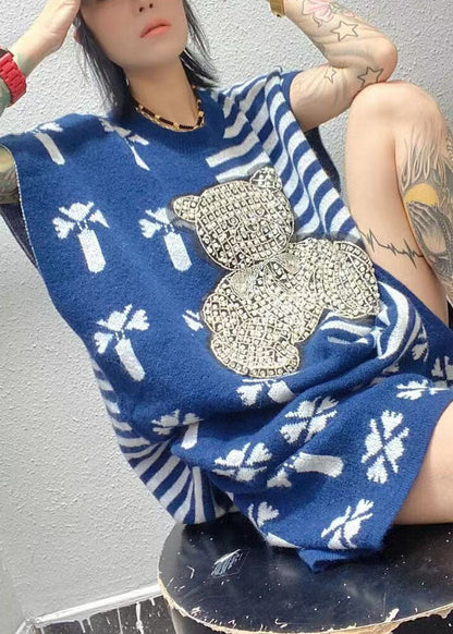 Stilvolles blaues O-Ausschnitt-Nagelperlen-gestreiftes Herbst-Zweiteiler-Set