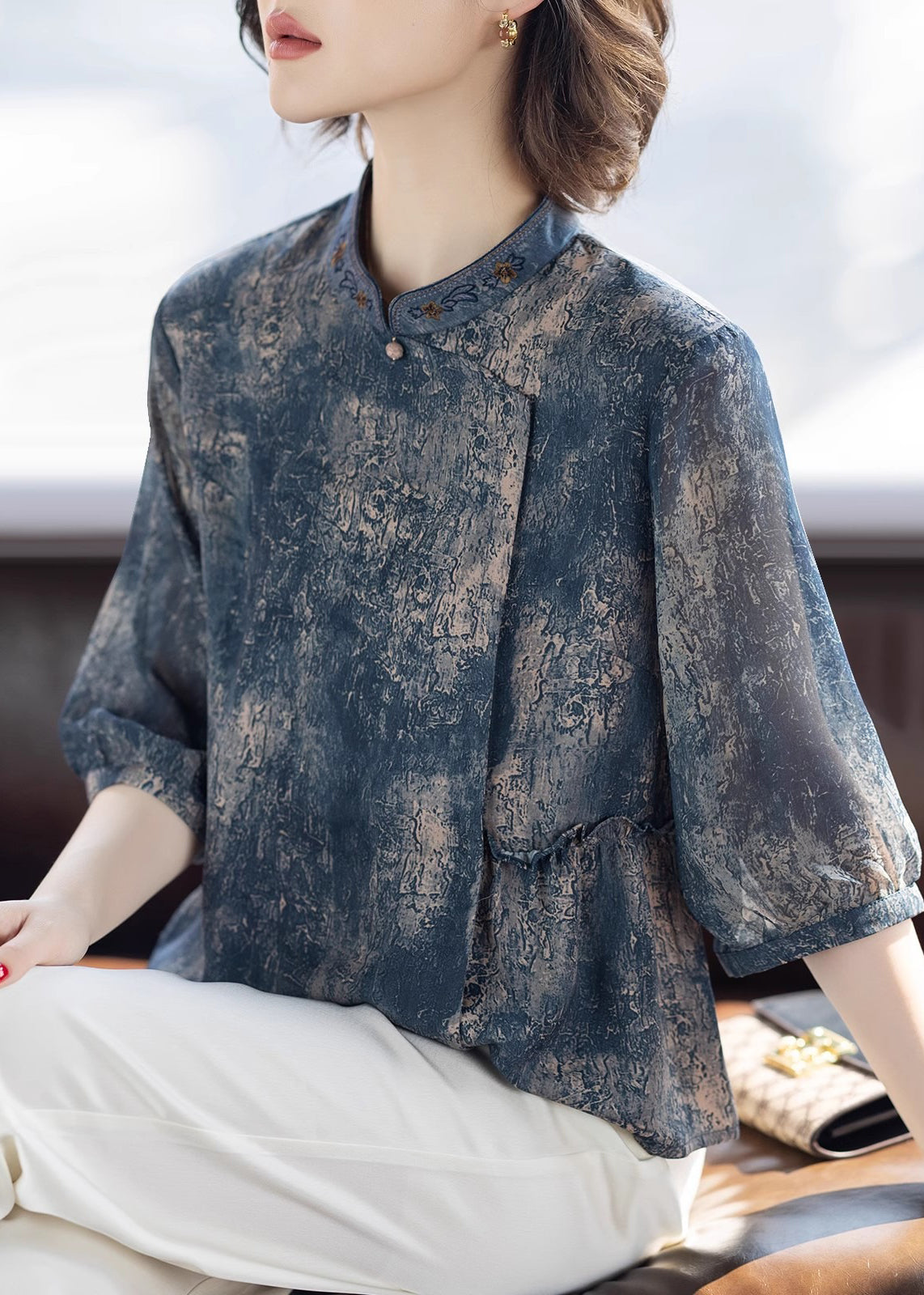 Stylish Blue O-Neck Print Chiffon Shirts Three Quarter Sleeve
