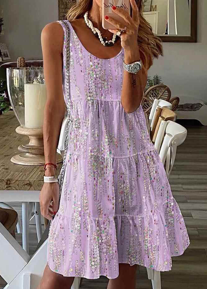 Stylish Blue O-Neck Print Wrinkled Mid Dress Summer