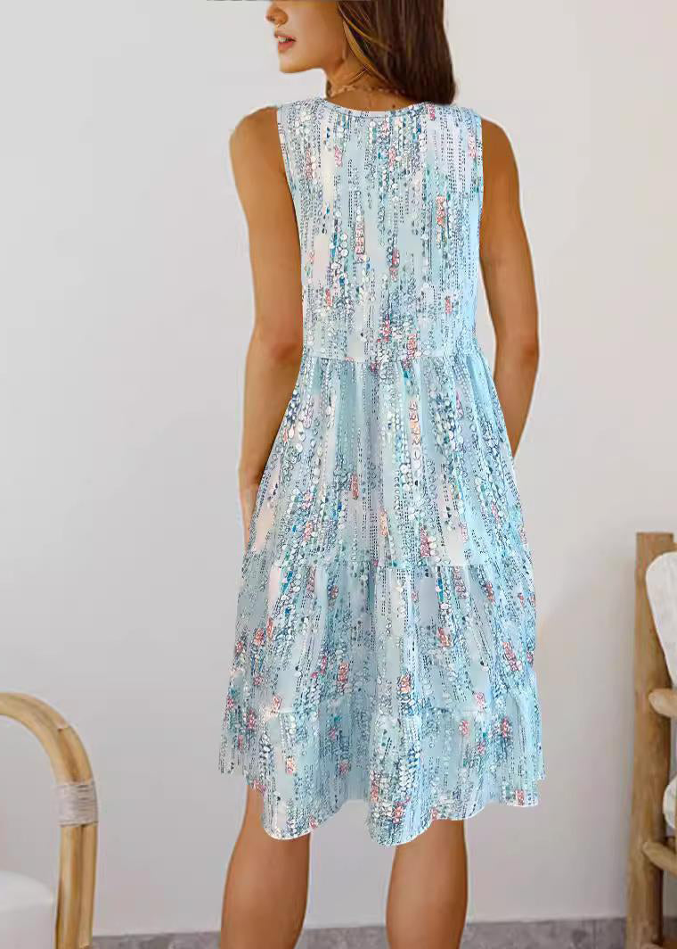Stylish Blue O-Neck Print Wrinkled Mid Dress Summer