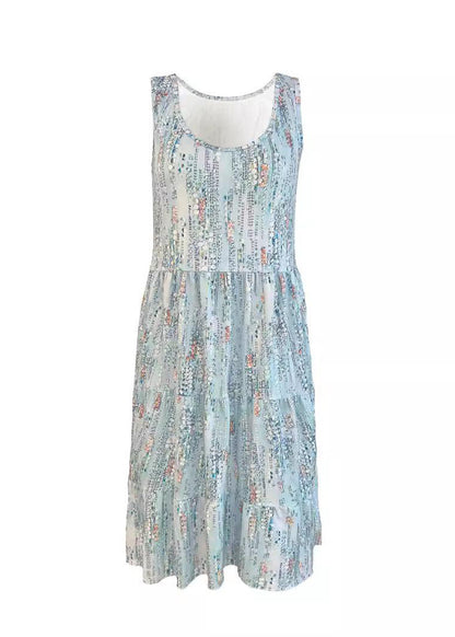 Stylish Blue O-Neck Print Wrinkled Mid Dress Summer