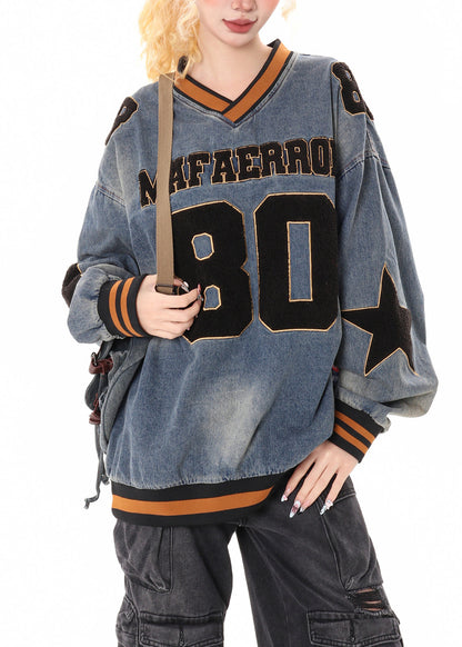 Stilvolles blaues Oversize-Denim-Sweatshirt mit Buchstabenapplikation – Frühlings-Top